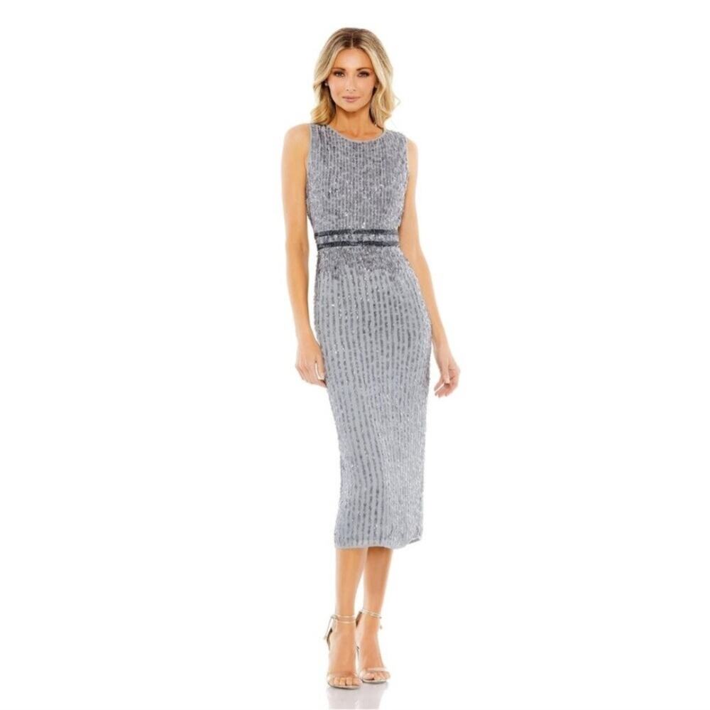 Mac Duggal 10509 Sleeveless High Neck Beaded Midi Dress Platinum Silver Size 2